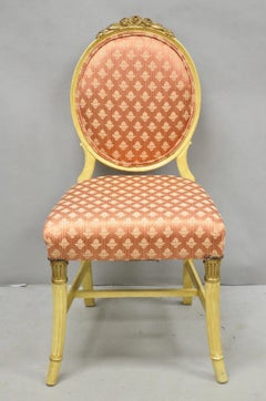 French Victorian Hollywood Regency Cream Paint Rose Carved Pink Side Chair