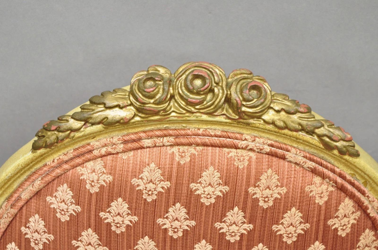 20th Century French Victorian Hollywood Regency Cream Paint Rose Carved Pink Side Chair For Sale
