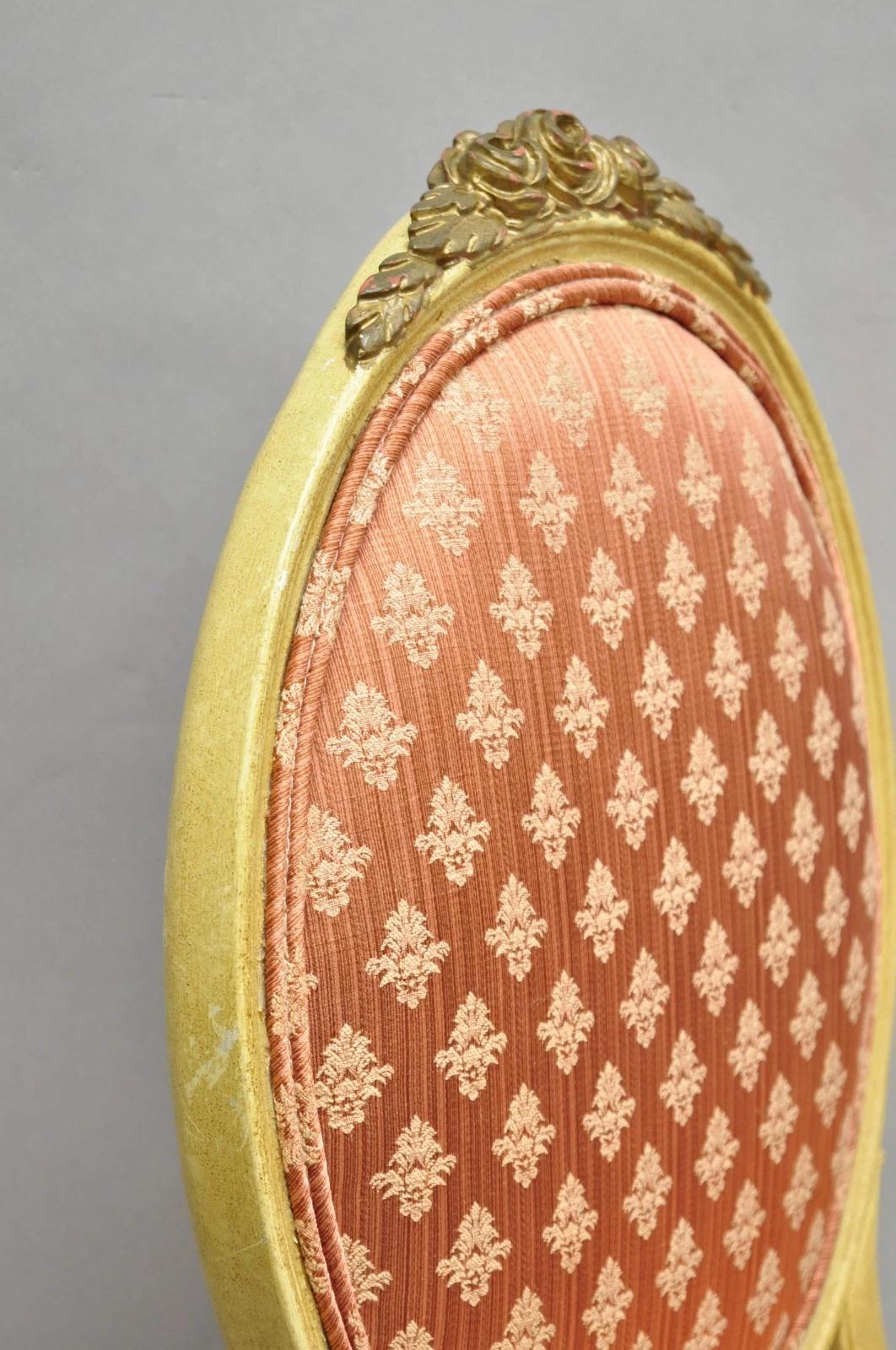 French Victorian Hollywood Regency Cream Paint Rose Carved Pink Side Chair For Sale 4