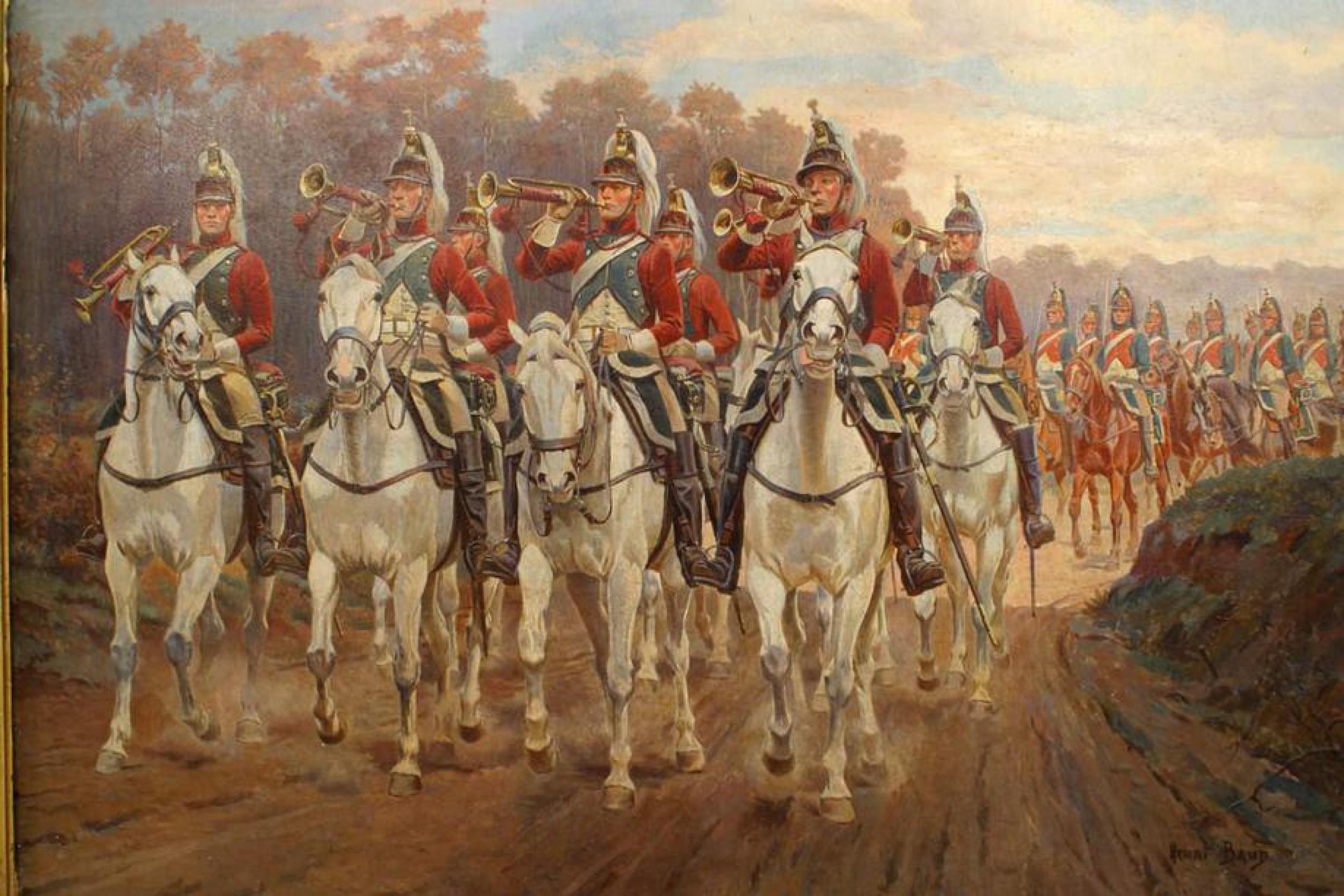 Óleo francés victoriano (s. XIX) de un regimiento francés a caballo  (firmado BAIRD) en marco dorado