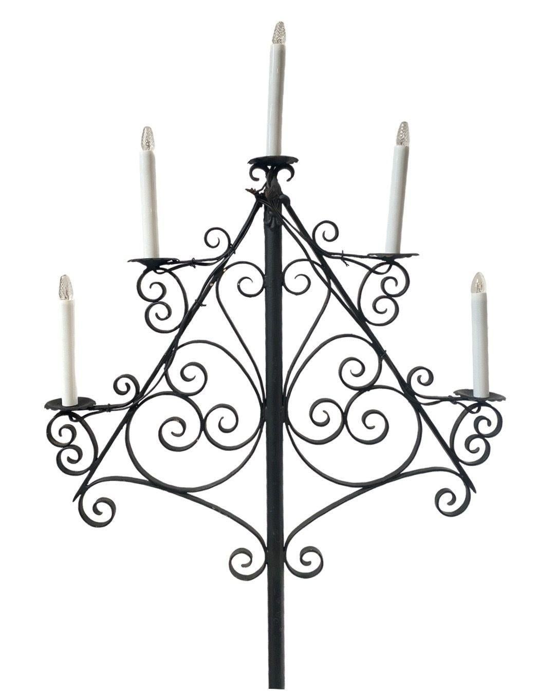 French Victorian iron candelabra electric converted floor lamp taking 5 E12 chandelier light bulbs.