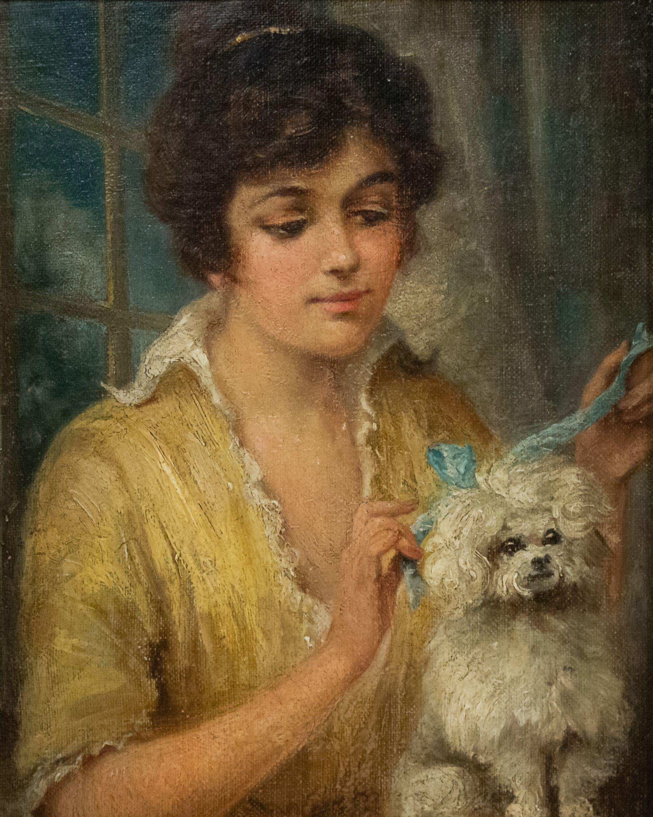 Walnut French Victorian Lady and Poodle Portrait For Sale
