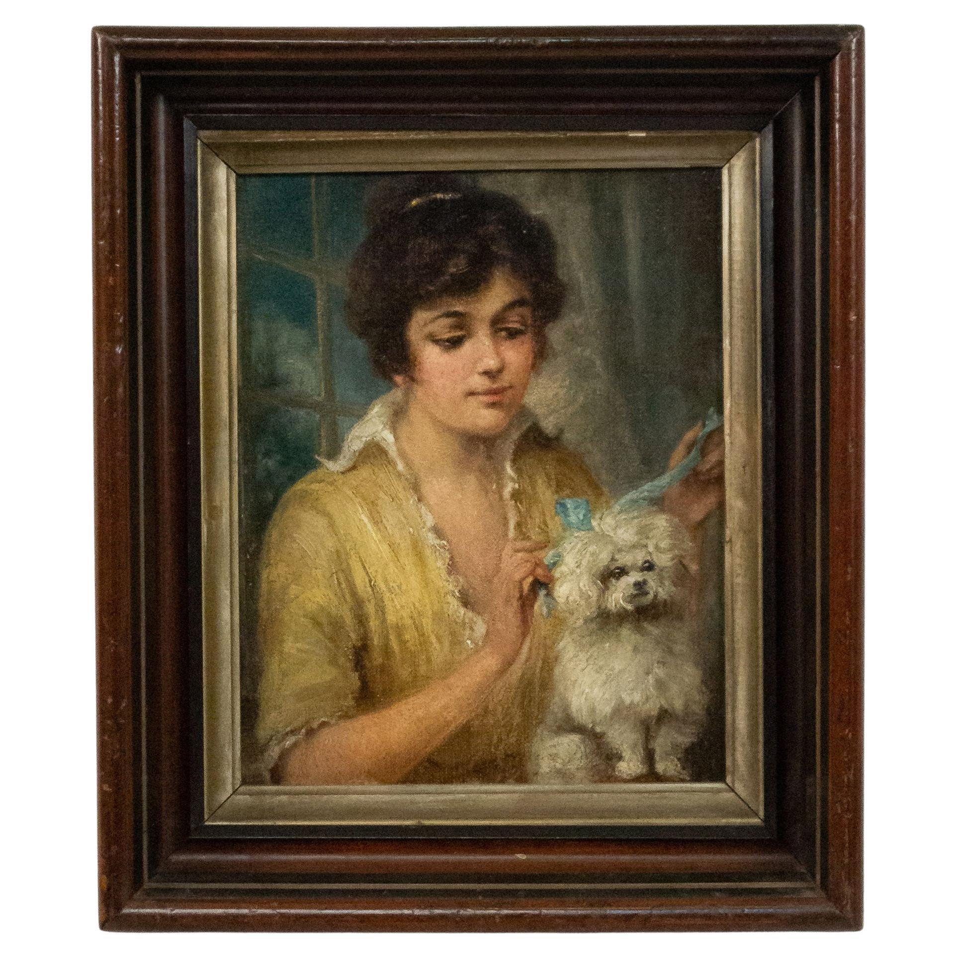 Retrato de dama victoriana francesa y caniche en venta