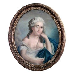 Victorian Lady in Blue Portrait, Pastel on Paper, Gilt Frame, 29x26\"