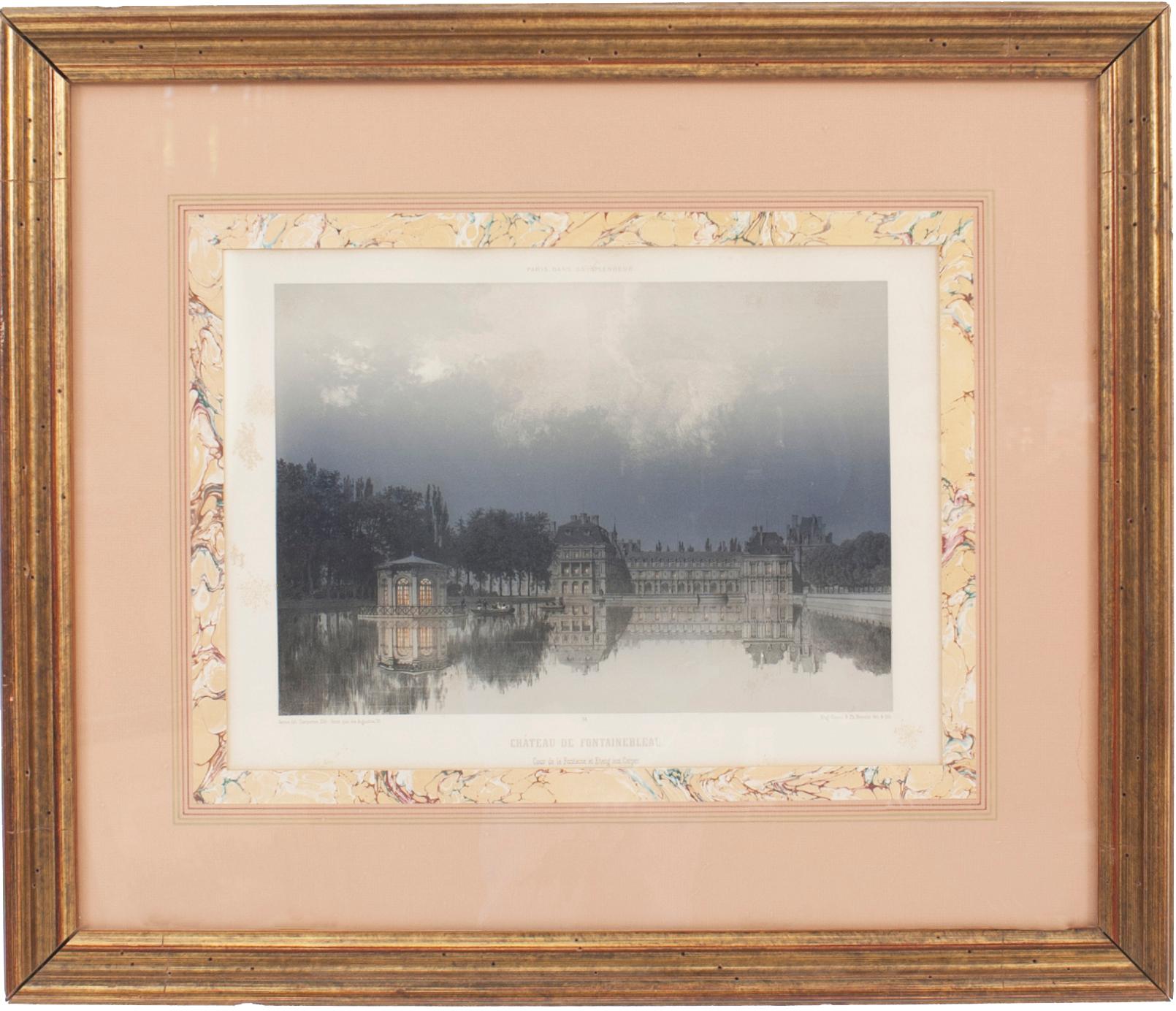 French Victorian gilt framed pink matted colored lithographs of French landmarks (Chateau Fontainebleau, Park de St. Cloud, Bois de Boulogne) (3-PRICED EACH)