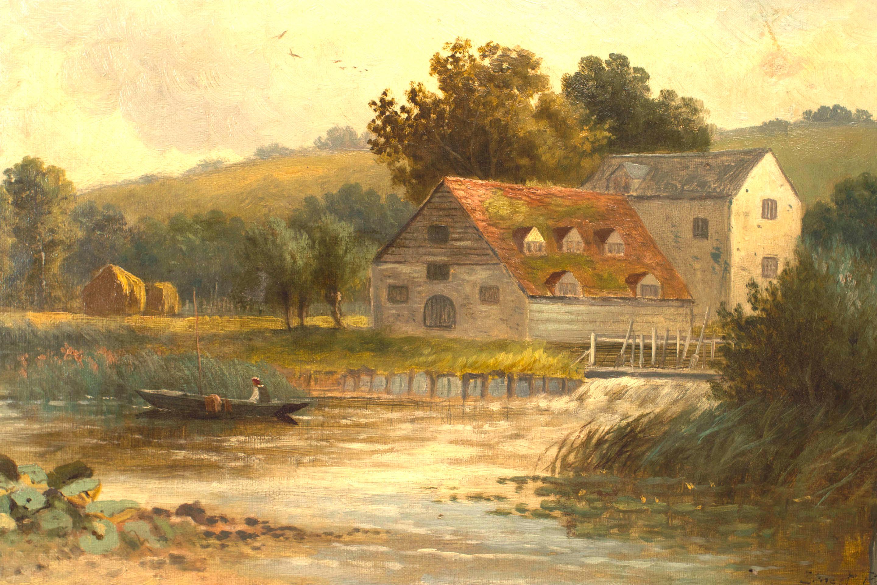 French Victorian gilt framed oil landscape painting of man in row boat by house. (signed ERNEST PARTIN)