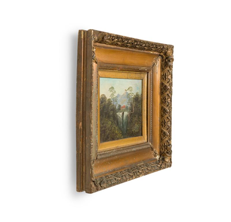 French Victorian gilt framed oil landscape painting of house with red roof by 2 waterfalls.
