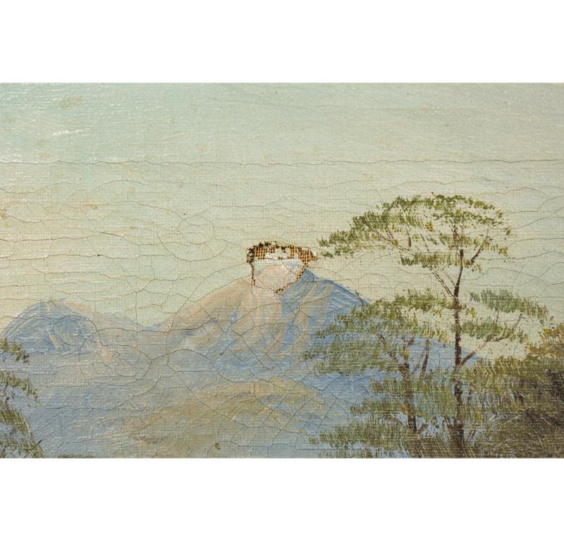 Hand-Painted French Victorian Landscape of House by Two Waterfalls For Sale