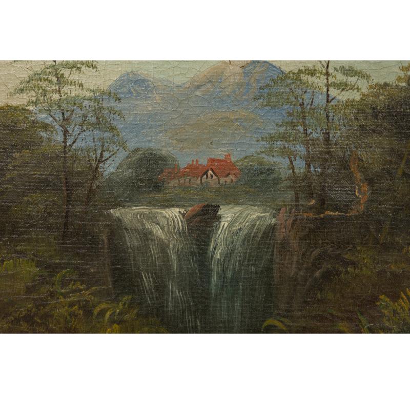 French Victorian Landscape of House by Two Waterfalls For Sale 1