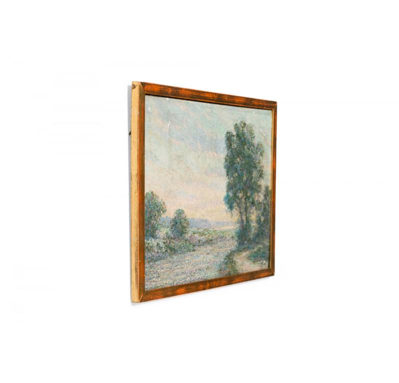 French (19th Cent) gilt framed oil landscape Impressionist style painting with stream and tree.