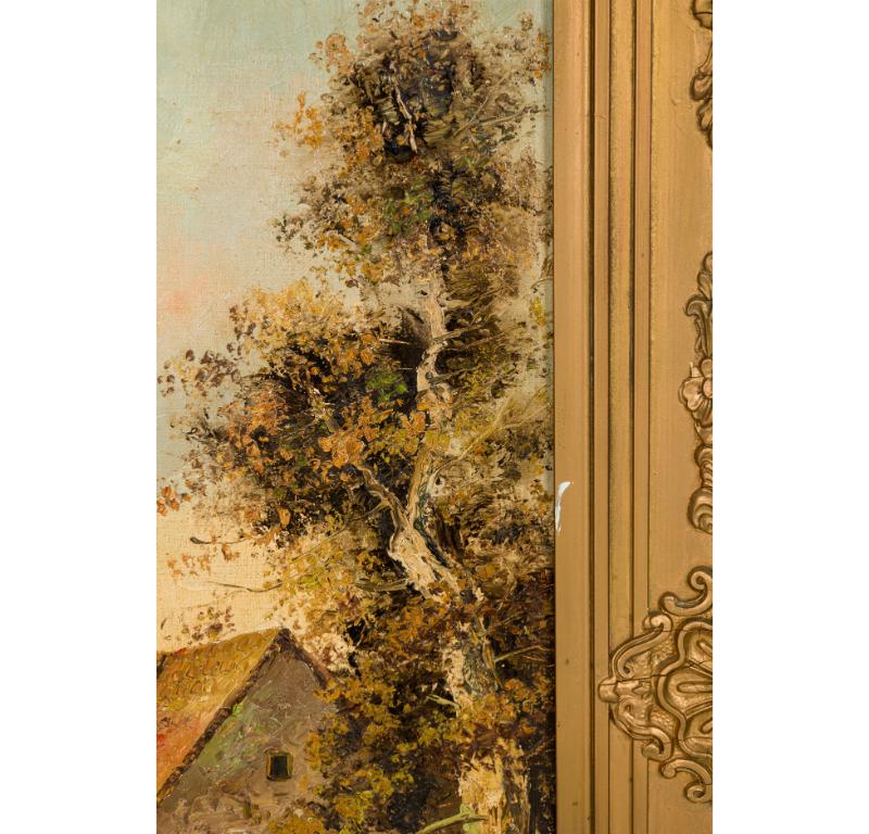 French Impressinist style landscape painting of homes near a pond in a carved gold frame (signed ?)