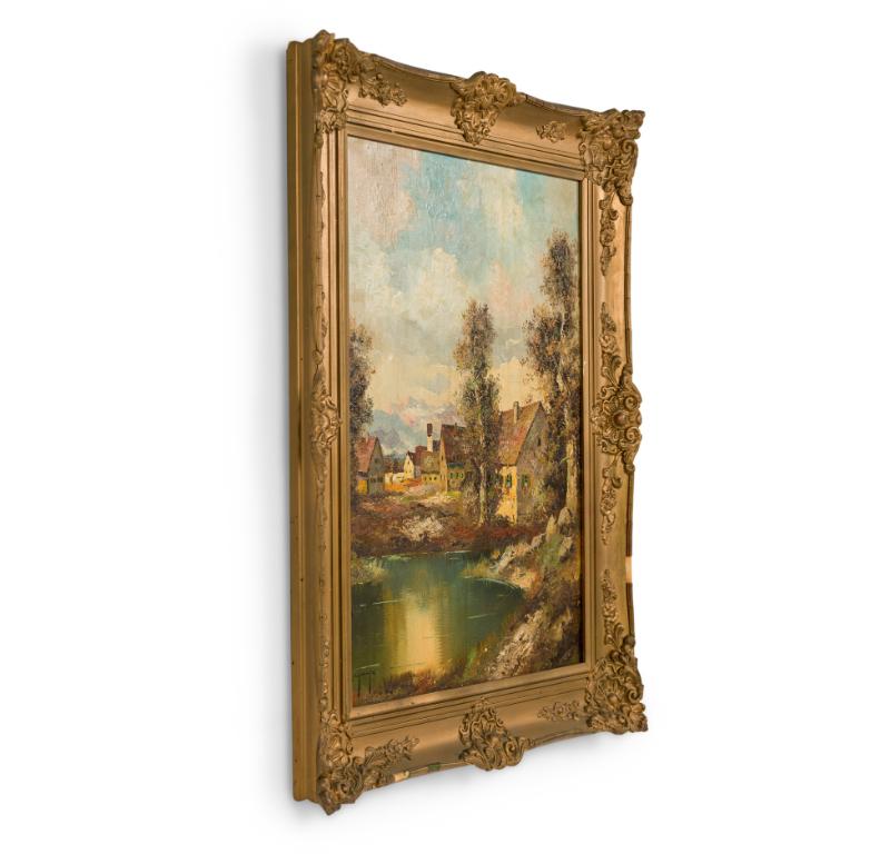 Hand-Crafted French Victorian Landscape Painting of Homes Near a Pond For Sale