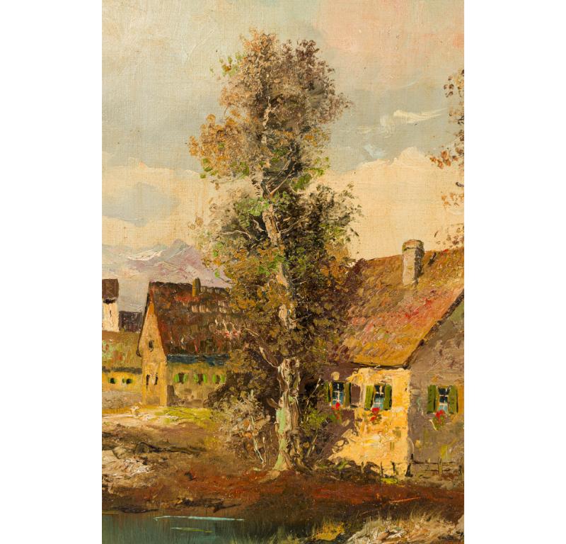 19th Century French Victorian Landscape Painting of Homes Near a Pond For Sale