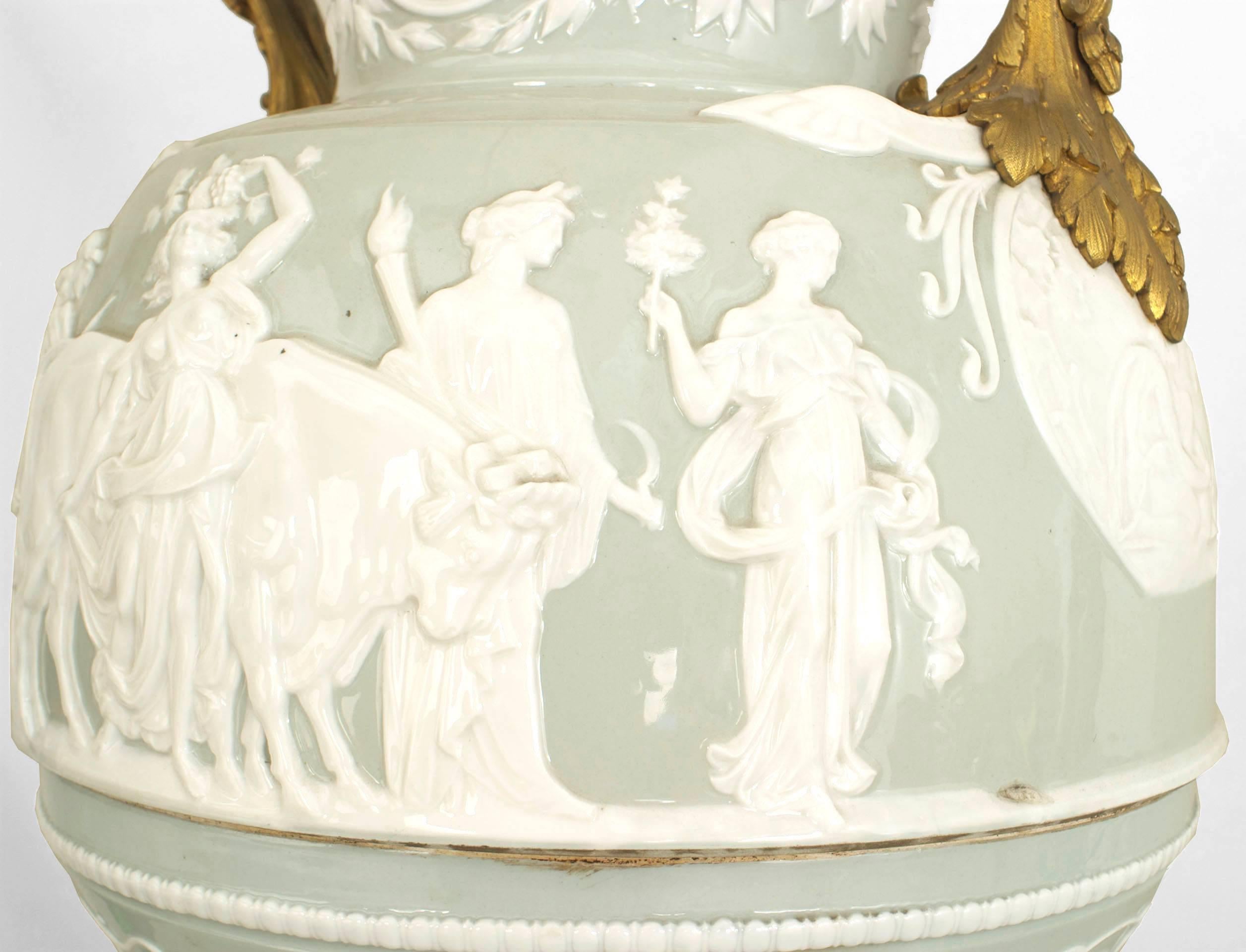 French Victorian Celadon and White Porcelain Palace Vase For Sale 5
