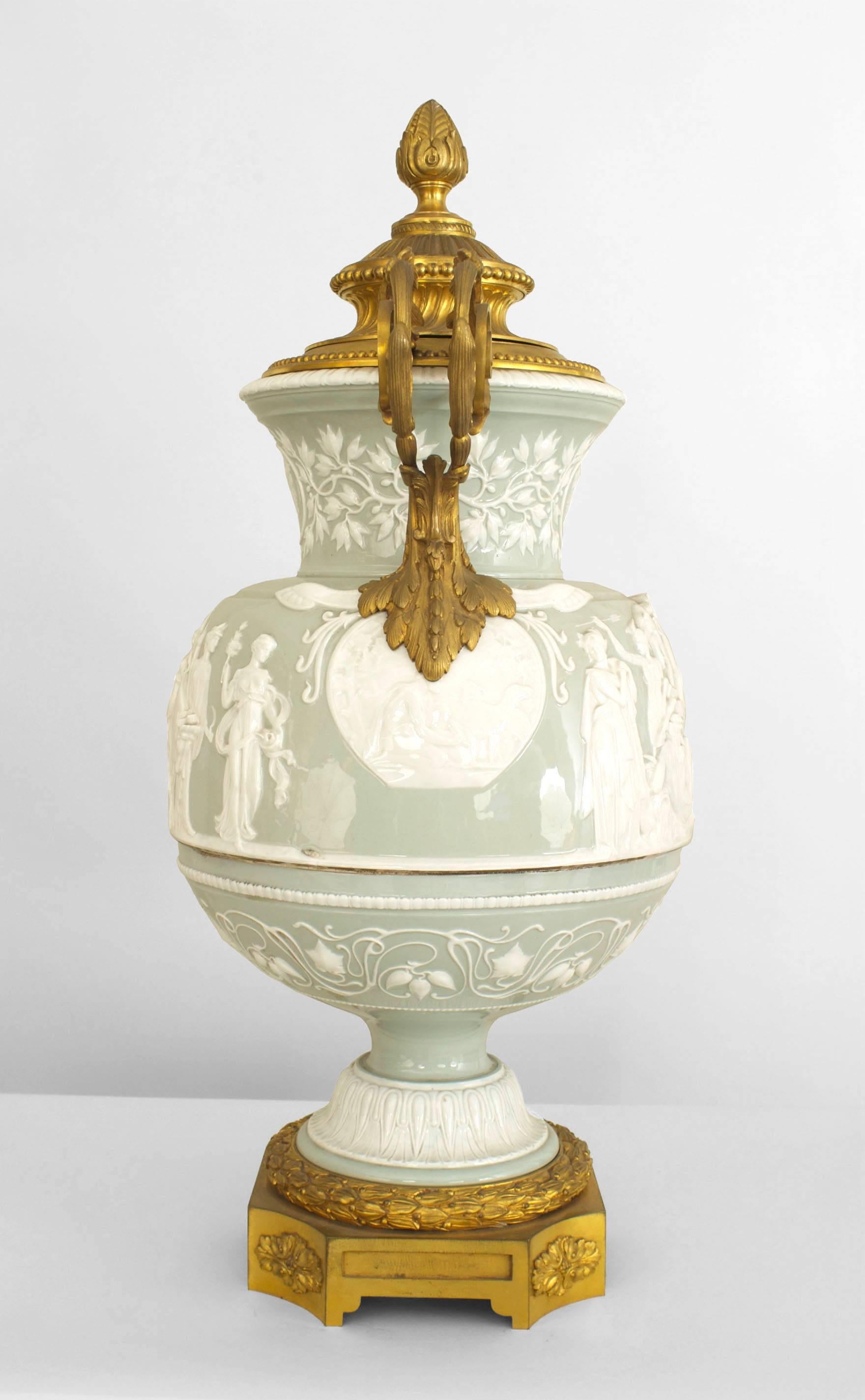 Neoclassical Revival French Victorian Celadon and White Porcelain Palace Vase For Sale