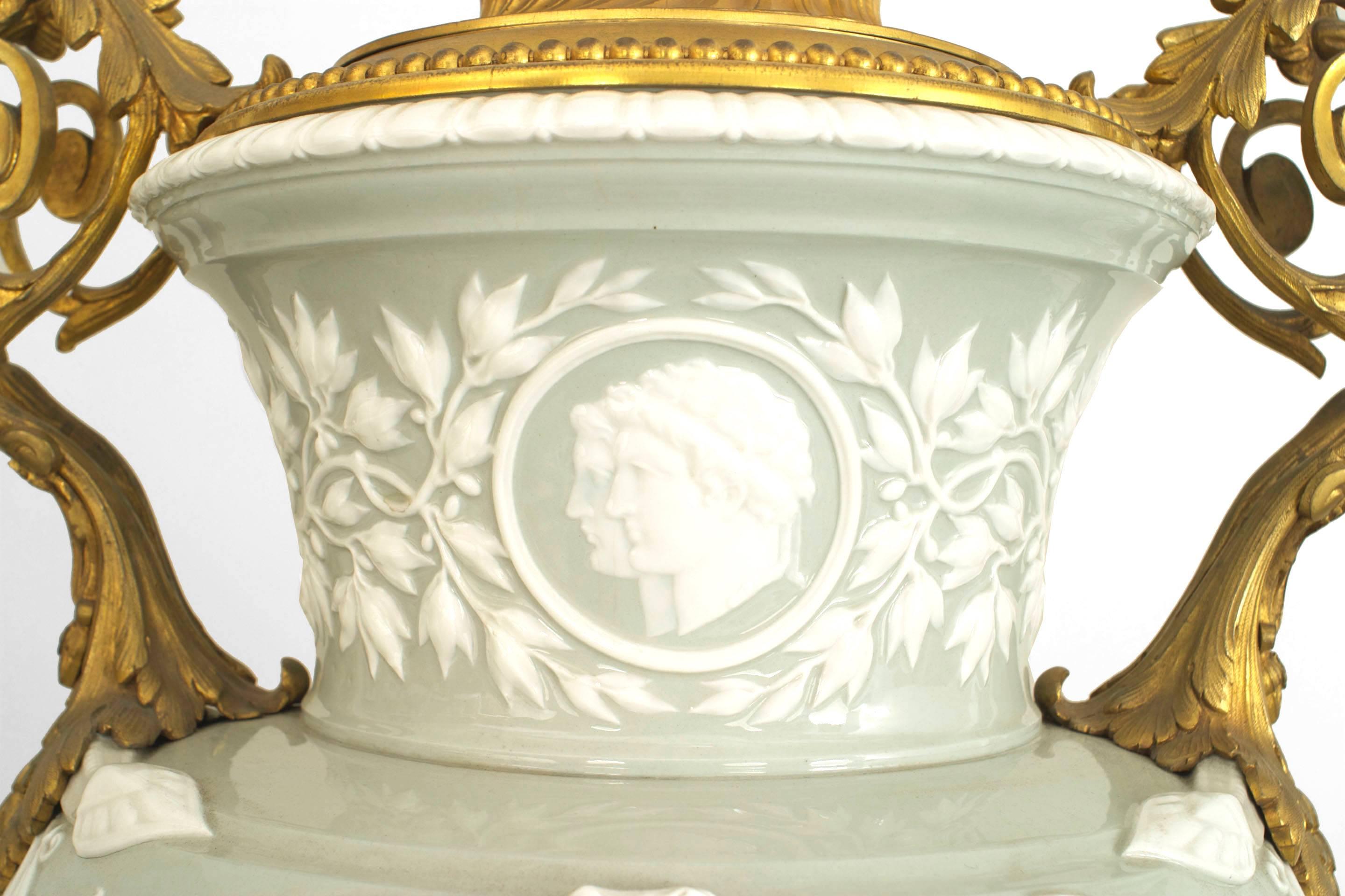 19th Century French Victorian Celadon and White Porcelain Palace Vase For Sale
