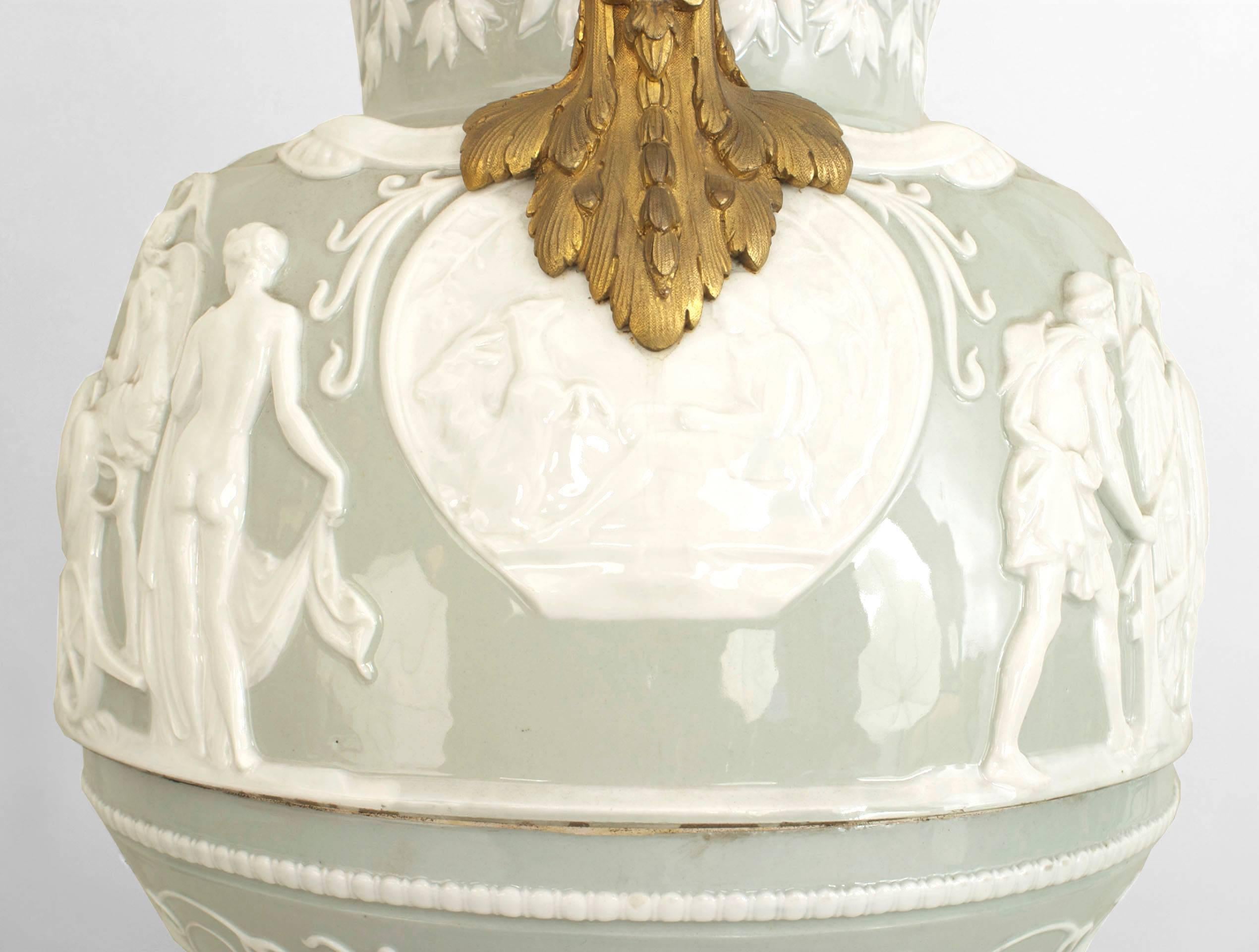 French Victorian Celadon and White Porcelain Palace Vase For Sale 2