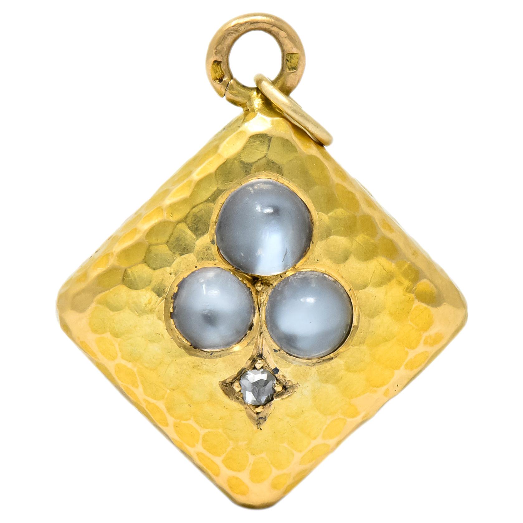 French Victorian Moonstone Diamond 18 Karat Gold Spades Pendant Charm