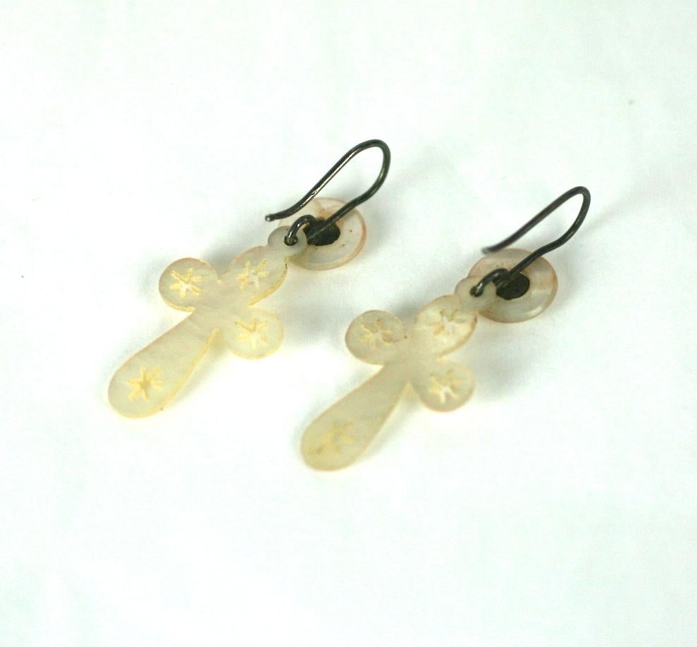  French Victorian Mother of Pearl Carved Crucifix Earrings For Sale 1