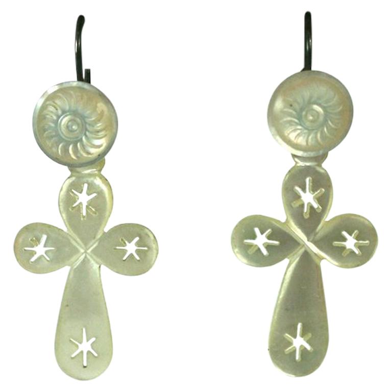  French Victorian Mother of Pearl Carved Crucifix Earrings For Sale