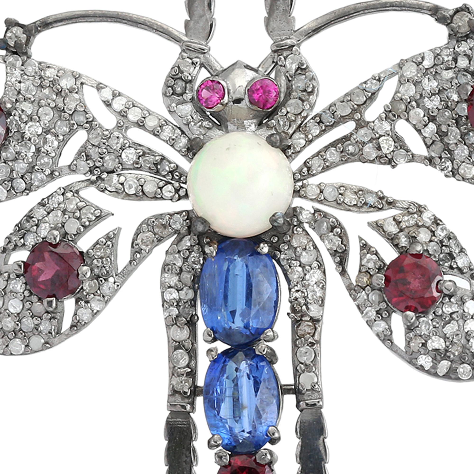 Victorien Broche libellule pour lui en argent, de style victorien français, sertie de pierres précieuses et de diamants en vente