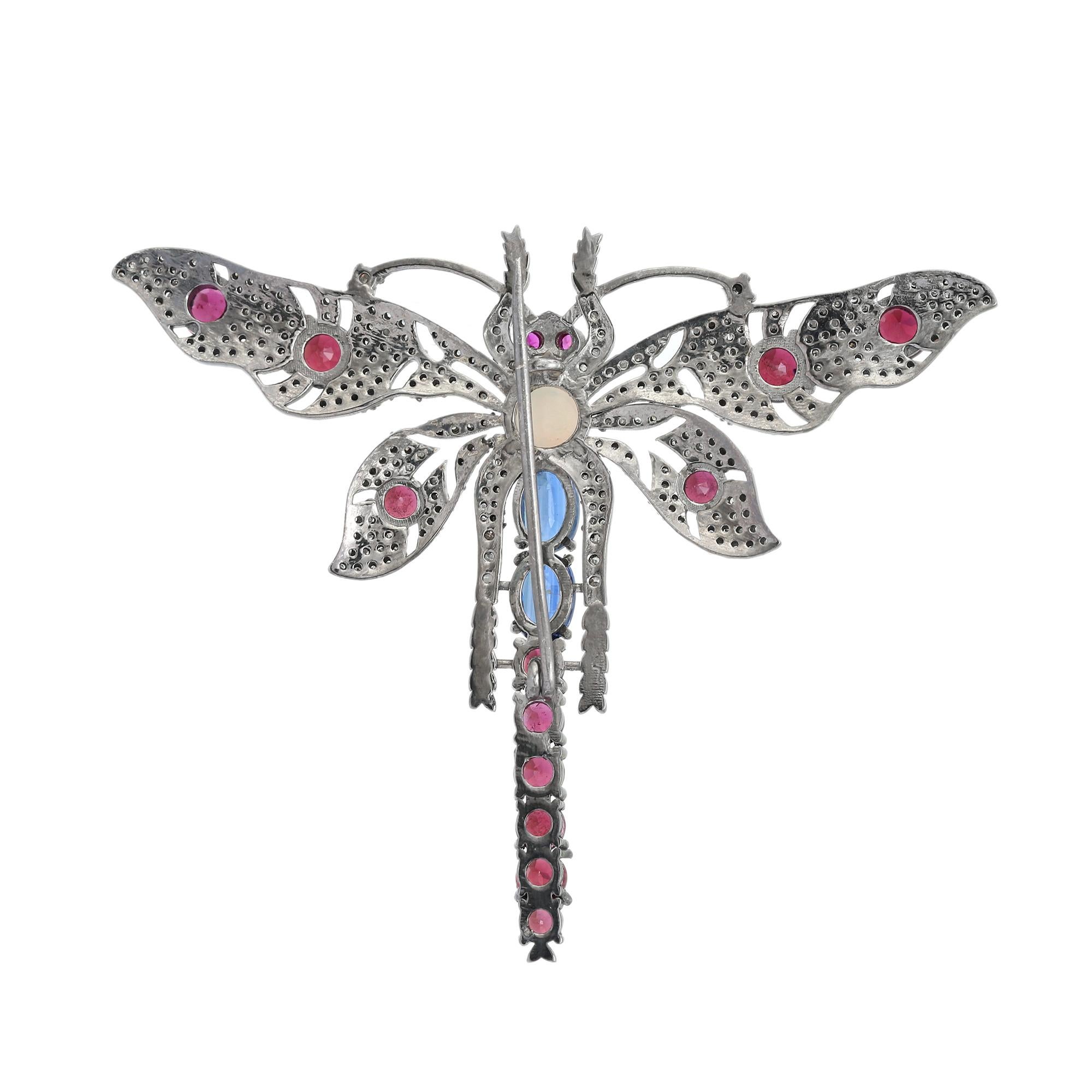 Broche libellule pour lui en argent, de style victorien français, sertie de pierres précieuses et de diamants Unisexe en vente