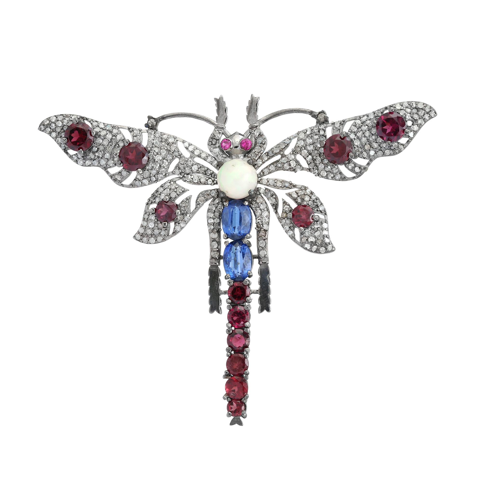 Broche libellule pour lui en argent, de style victorien français, sertie de pierres précieuses et de diamants en vente 1