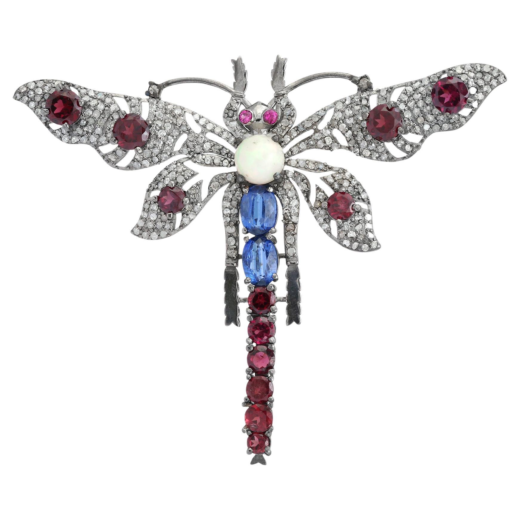 Französische viktorianische Libellenbrosche mit mehreren Edelsteinen und Diamanten für ihn in Silber