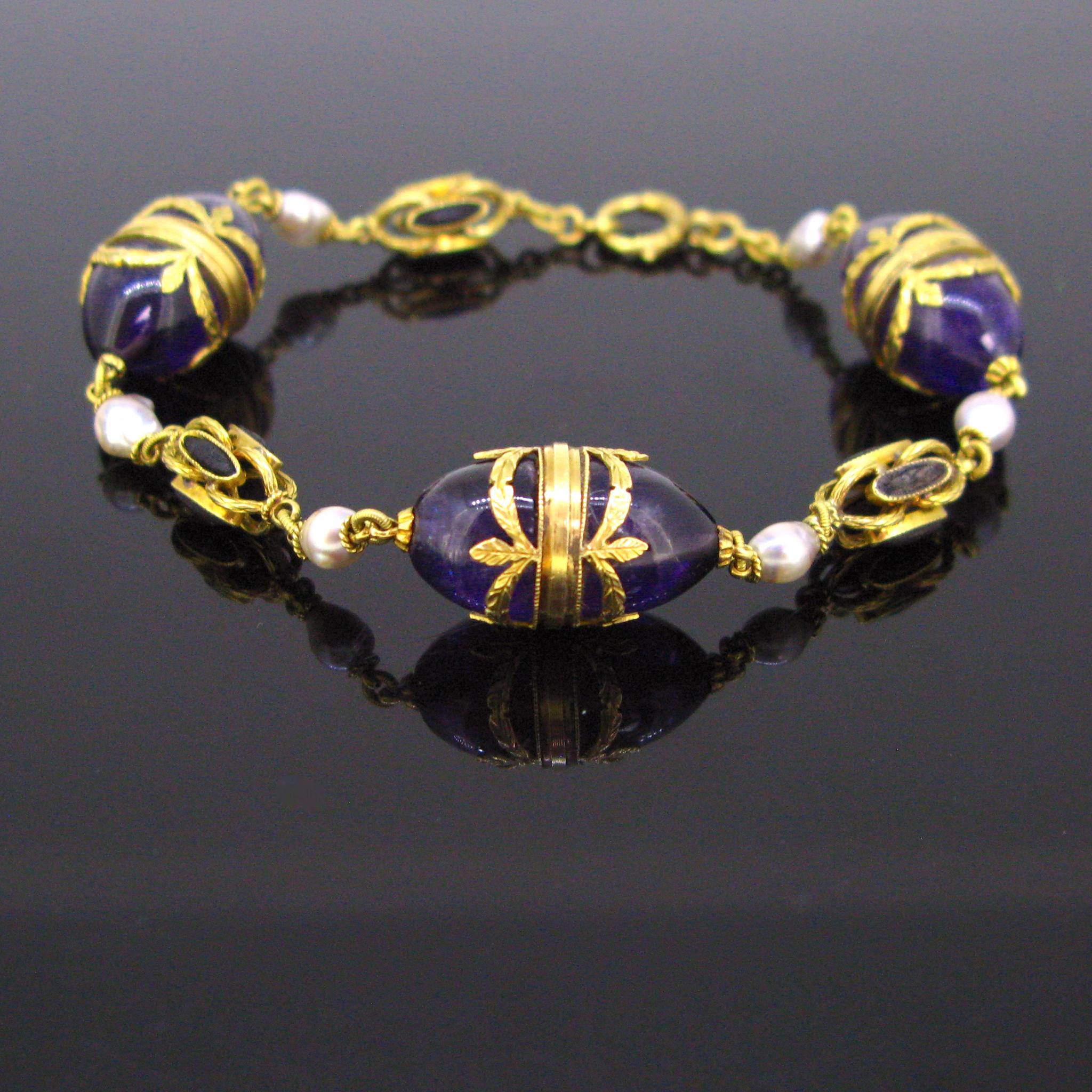 Women's or Men's French Victorian Napoléon III Amethyst Jet Pearls Bracelet