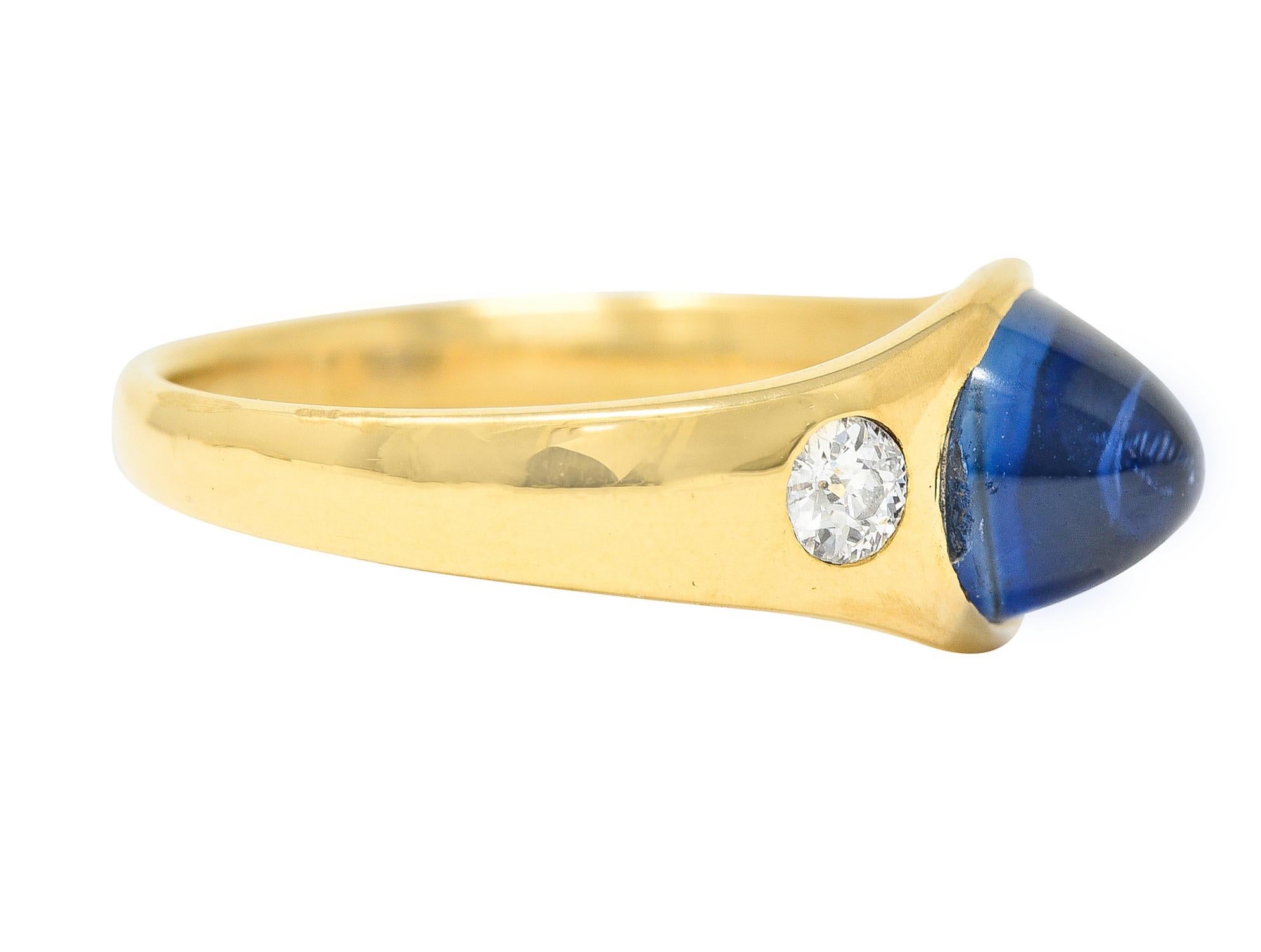 Cabochon French Victorian No Heat Ceylon Sapphire Diamond 18 Karat Gold Unisex Ring