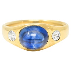 French Victorian No Heat Ceylon Sapphire Diamond 18 Karat Gold Unisex Ring