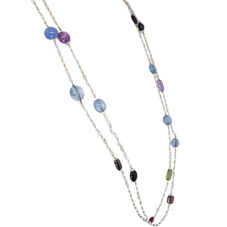Französische viktorianische Opern-Halskette, unbehandelter mehrfarbiger Saphir & natürliche Perle (Viktorianisch) im Angebot