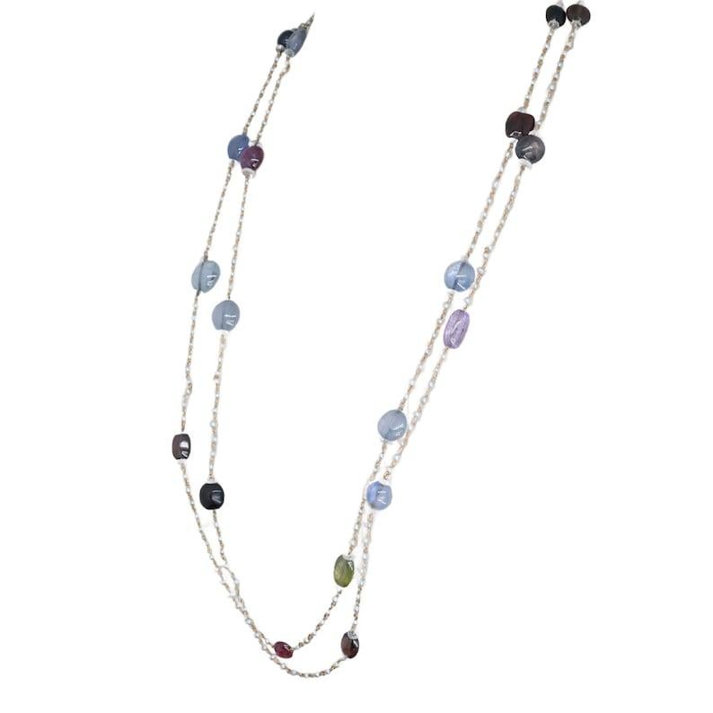 French Victorian No Heat Multicolor Sapphire & Natural Pearl Opera Necklace In Good Condition For Sale In Boston, MA