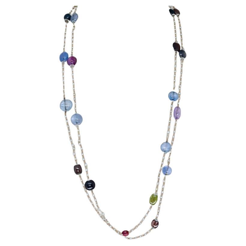 French Victorian No Heat Multicolor Sapphire & Natural Pearl Opera Necklace For Sale