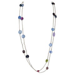 Französische viktorianische Opern-Halskette, unbehandelter mehrfarbiger Saphir & natürliche Perle