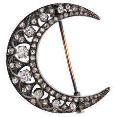 French Victorian old cut diamond gold and silver crescent brooch