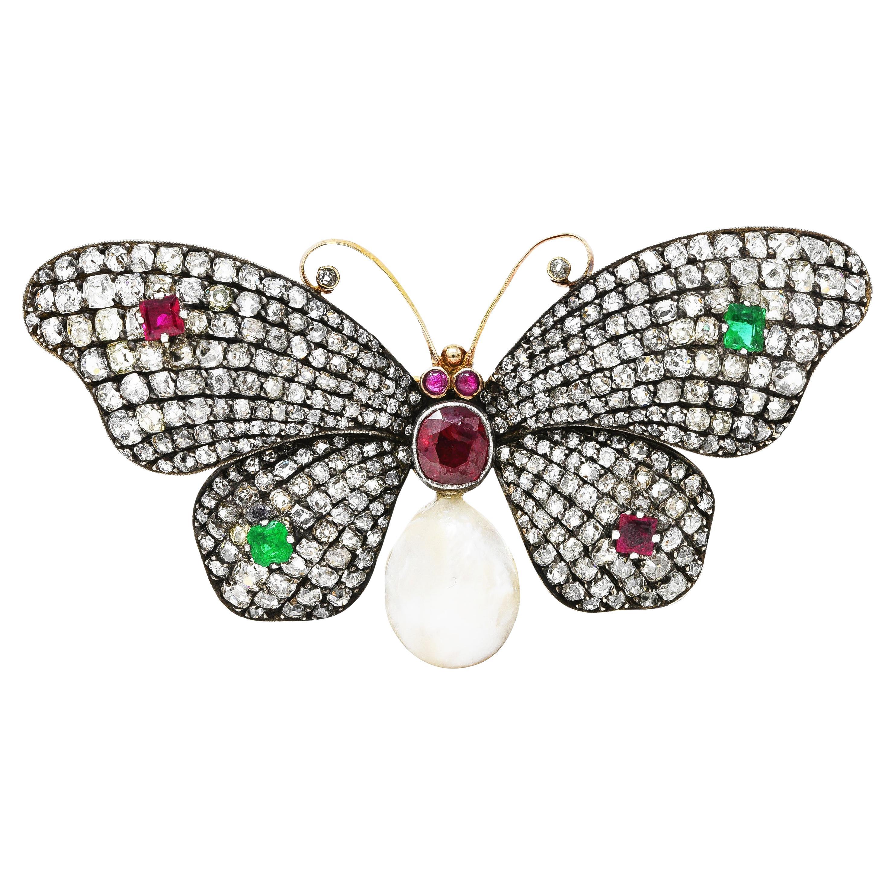French Victorian Old Mine Cut Diamond Ruby Emerald Pearl 18 Karat Brooch