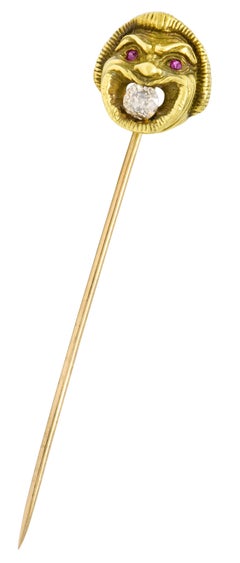 French Victorian Old Mine Diamond 18 Karat Green Gold Comedy Mask Stickpin