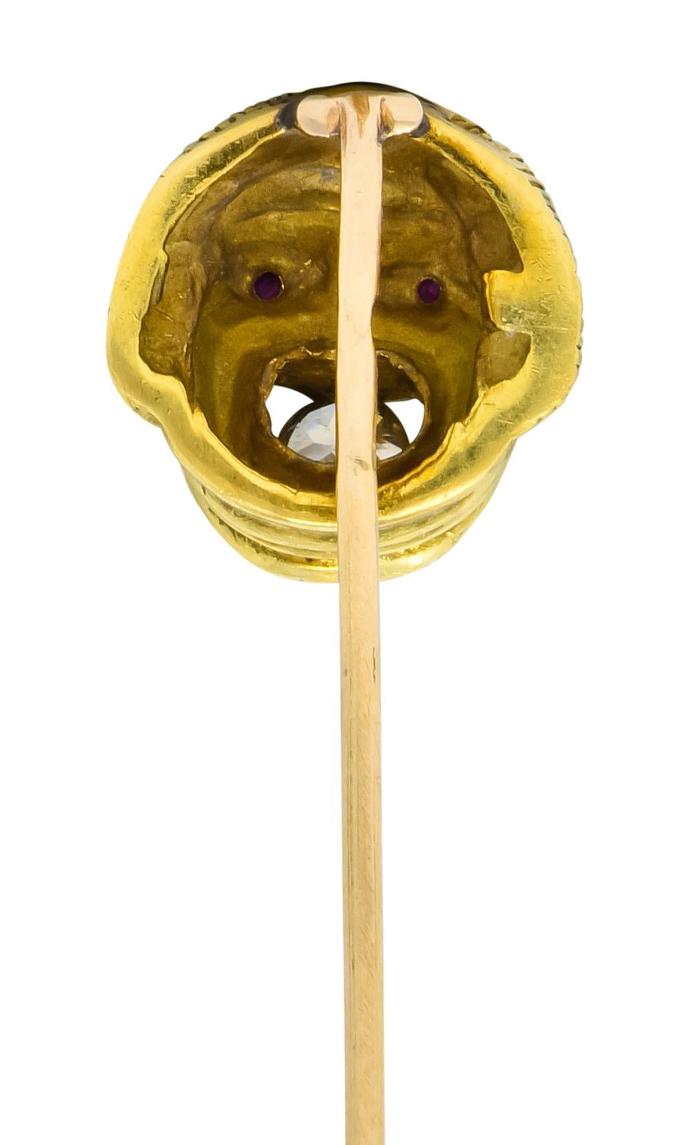 Old Mine Cut French Victorian Old Mine Diamond 18 Karat Green Gold Comedy Mask Stickpin For Sale
