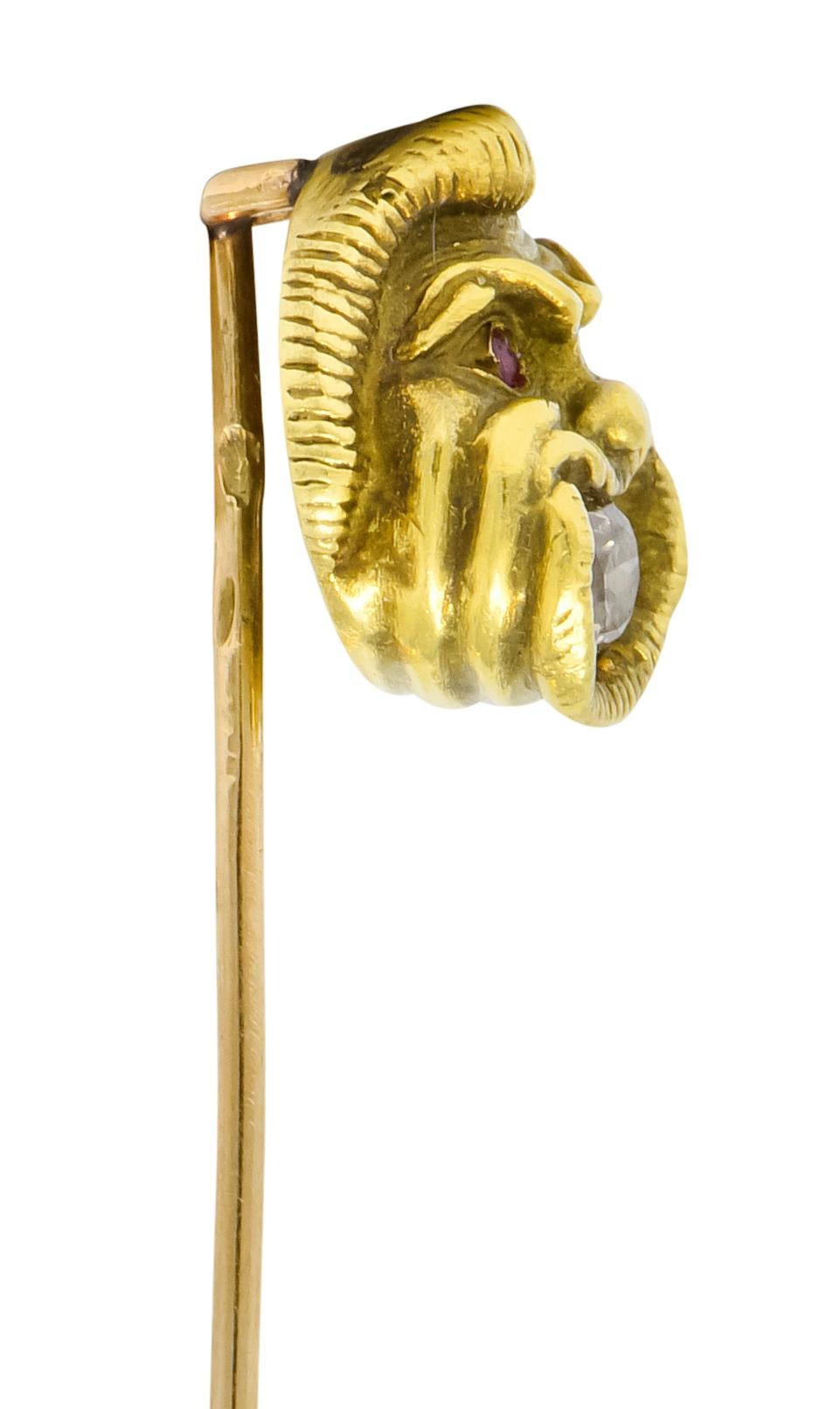 French Victorian Old Mine Diamond 18 Karat Green Gold Comedy Mask Stickpin In Excellent Condition For Sale In Philadelphia, PA