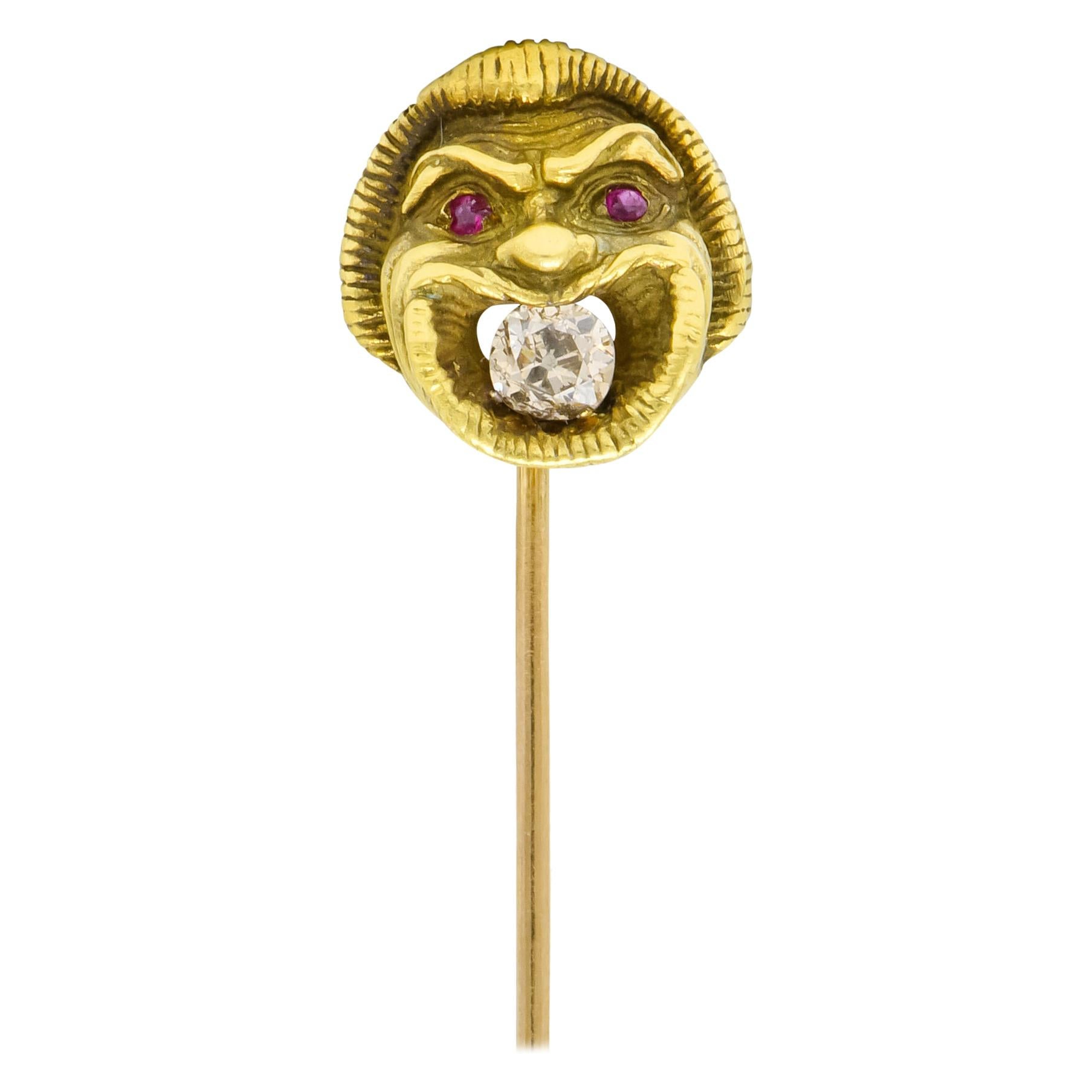 French Victorian Old Mine Diamond 18 Karat Green Gold Comedy Mask Stickpin For Sale