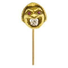 French Victorian Old Mine Diamond 18 Karat Green Gold Comedy Mask Stickpin