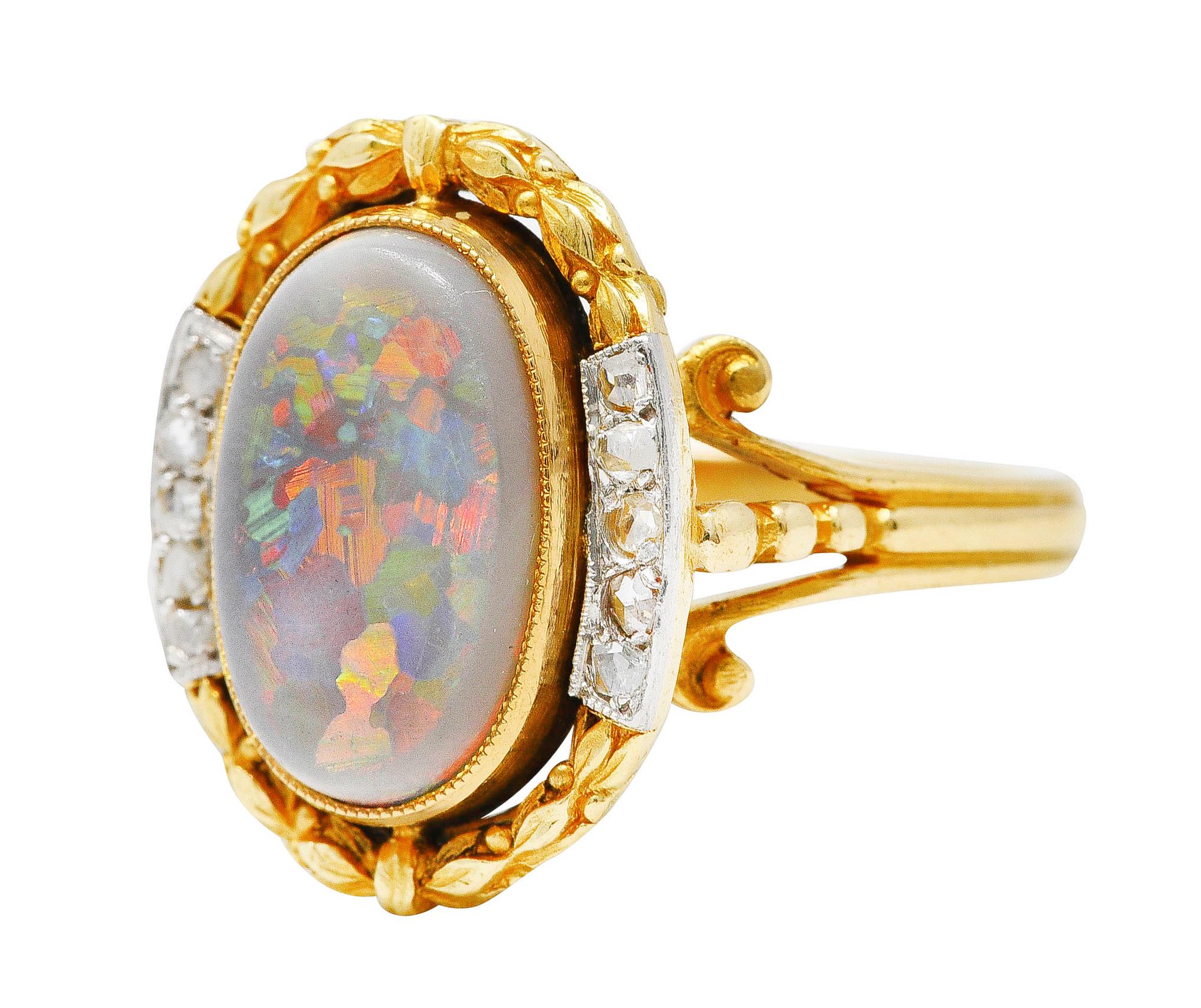 French Victorian Opal Diamond Platinum 18 Karat Yellow Gold Laurel Antique Ring 1