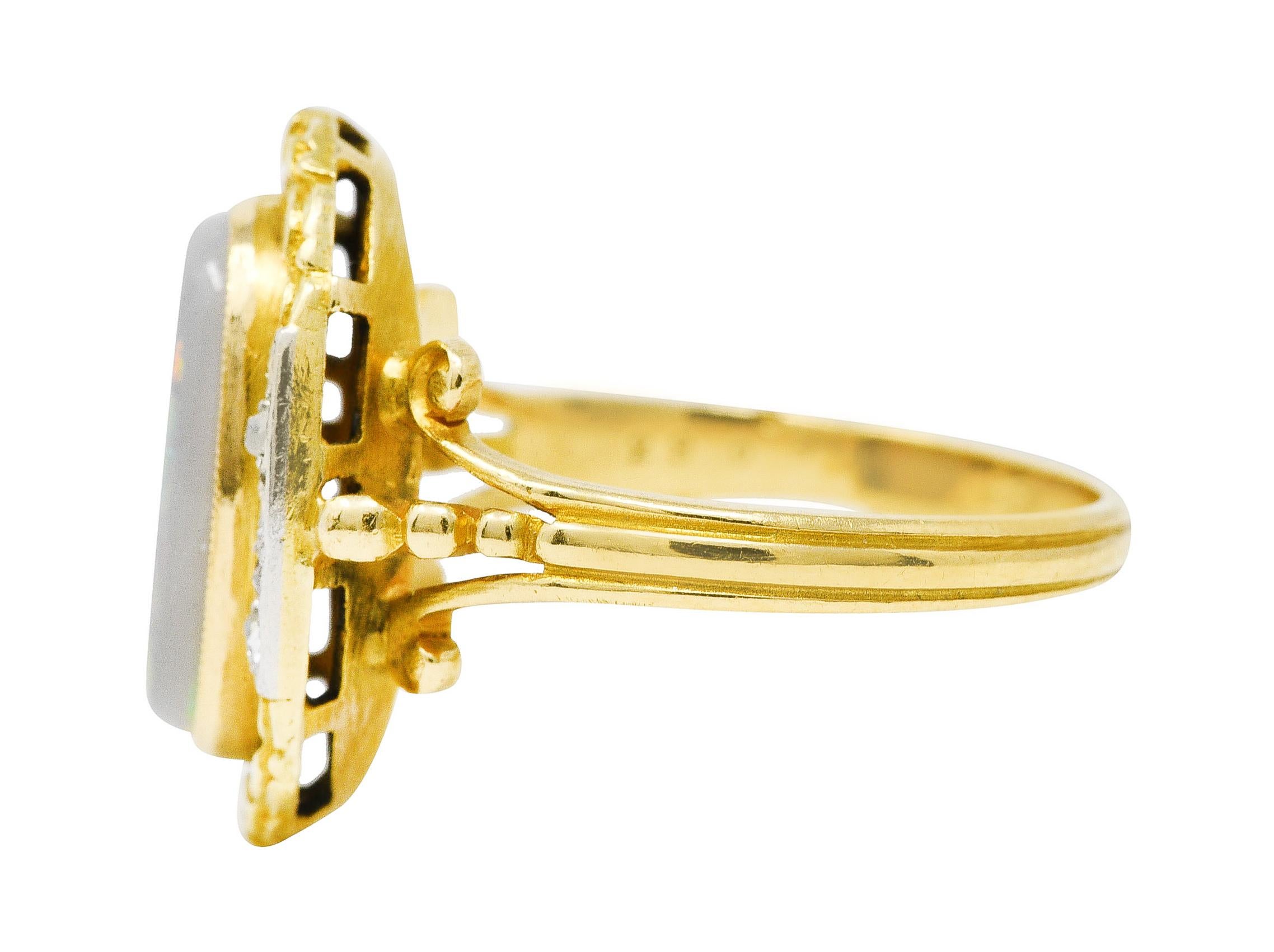 Women's or Men's French Victorian Opal Diamond Platinum 18 Karat Yellow Gold Laurel Antique Ring
