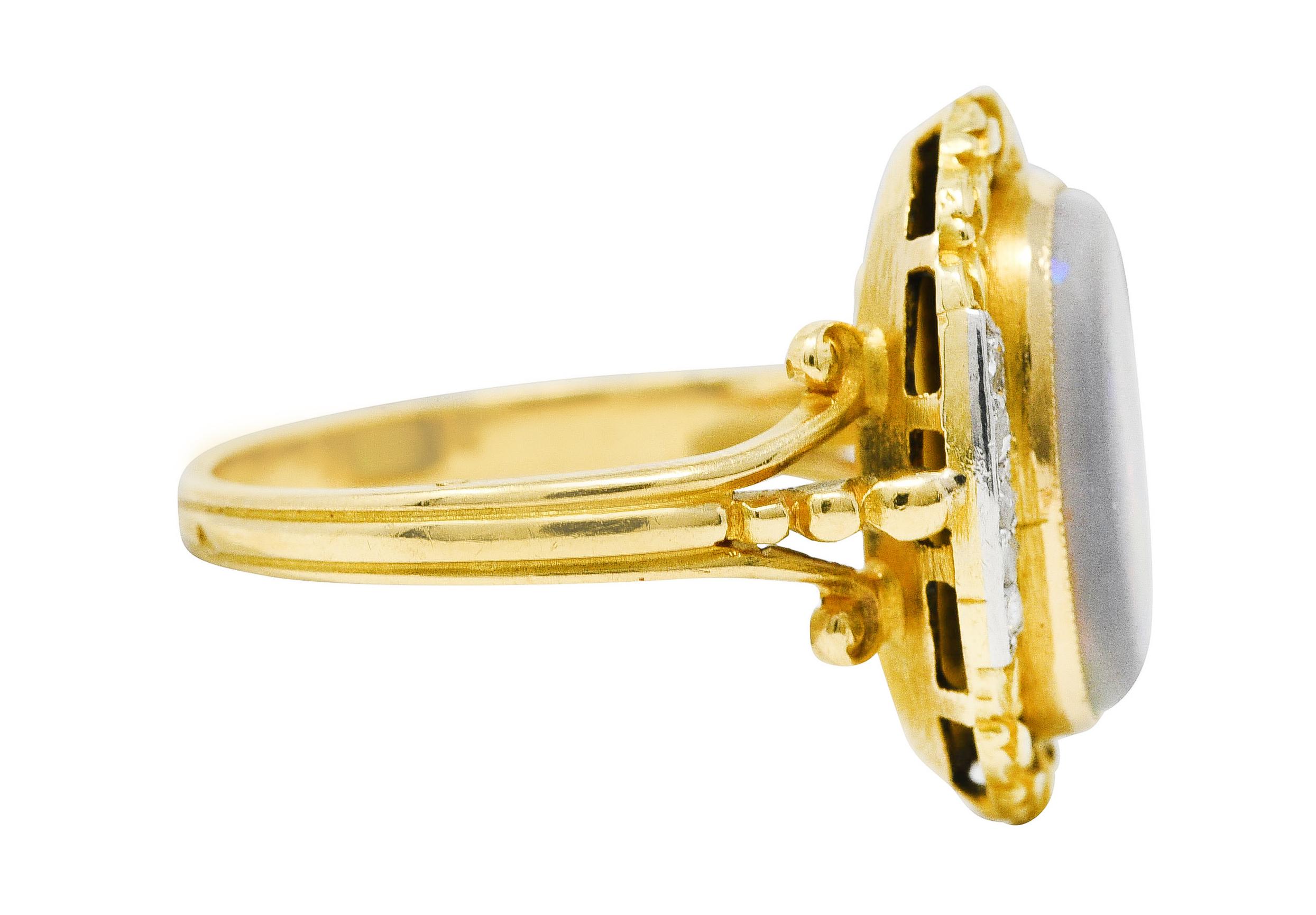 Oval Cut French Victorian Opal Diamond Platinum 18 Karat Yellow Gold Laurel Antique Ring