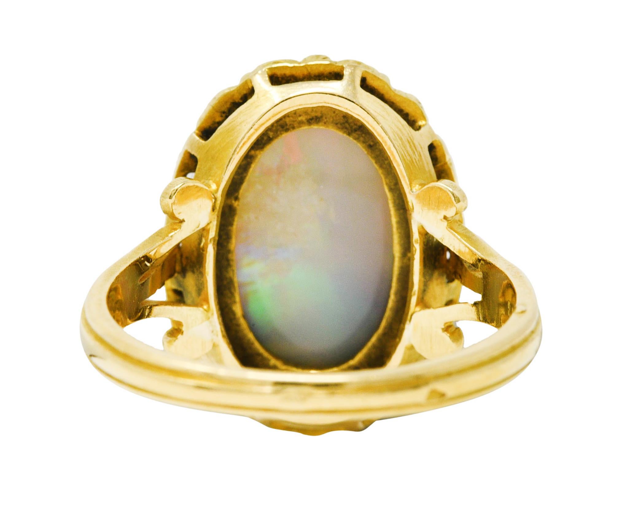 French Victorian Opal Diamond Platinum 18 Karat Yellow Gold Laurel Antique Ring In Excellent Condition In Philadelphia, PA