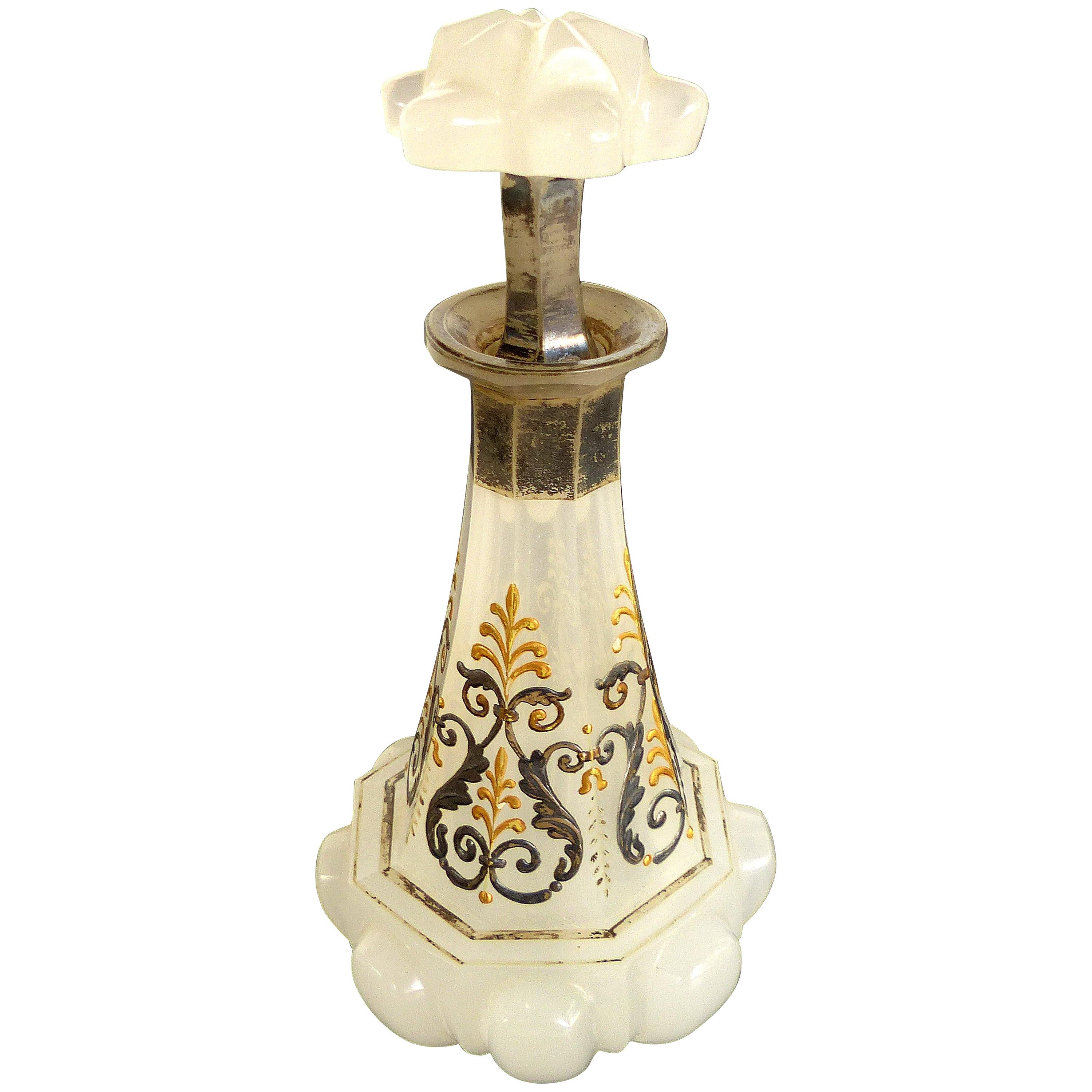 French Victorian Opaline Glass Enameled Scent Bottle with Stopper