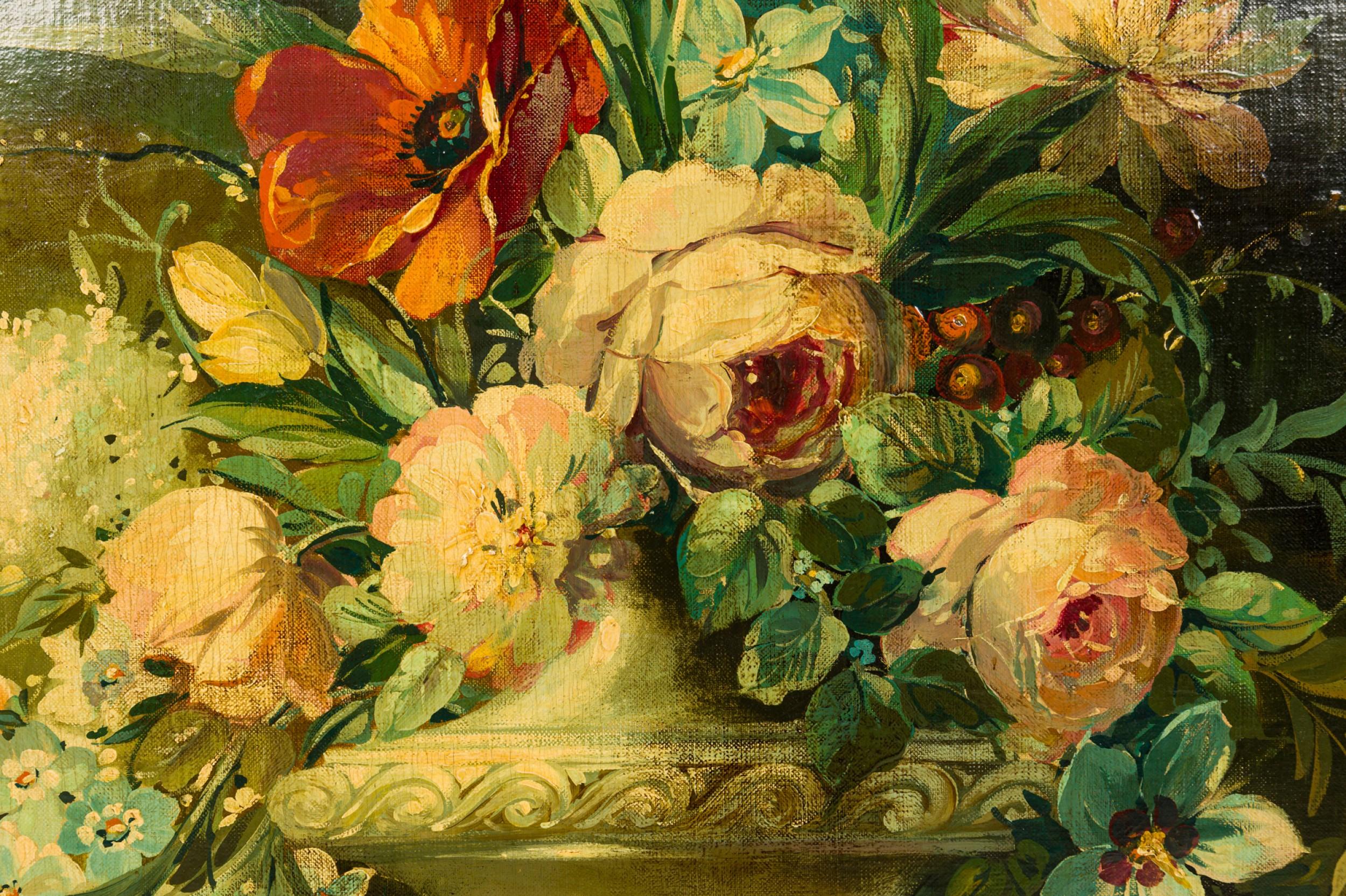 Französisches viktorianisches Gemälde eines Blumenstraußes (Geschnitzt) im Angebot