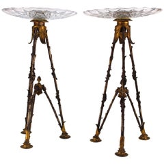 Antique French Victorian Pastry Holders on Tripod Bronze Base and Val St. Lambert Glass