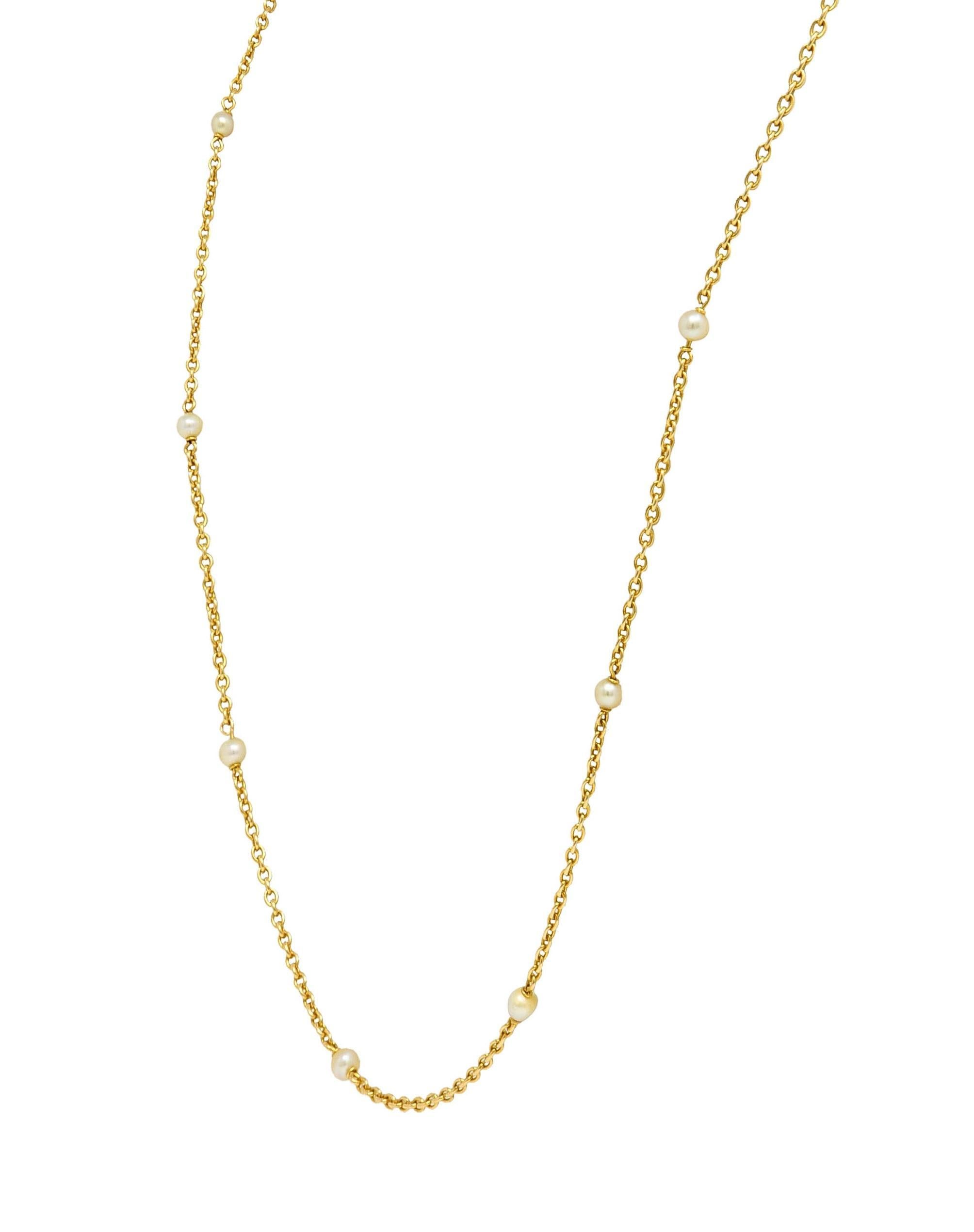 Französische viktorianische Perle 18 Karat Gelbgold 34 3/4 lange antike Station Halskette (Rundschliff) im Angebot